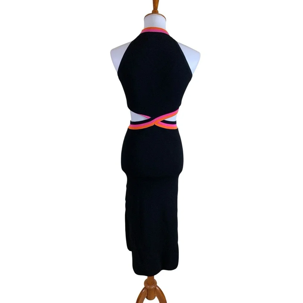 Seven Wonders Black Cutout Midi Dress Neon Trim‎ Bodycon Halter S